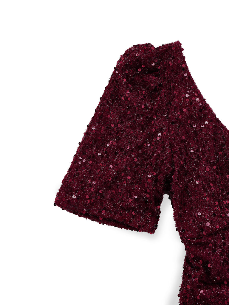 Abito lungo a sirena con fiocco di paillettes bordeaux anni '30
