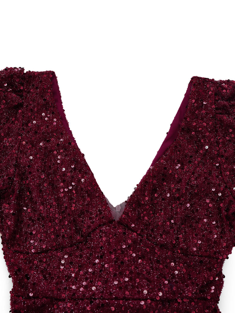 Abito lungo a sirena con fiocco di paillettes bordeaux anni '30