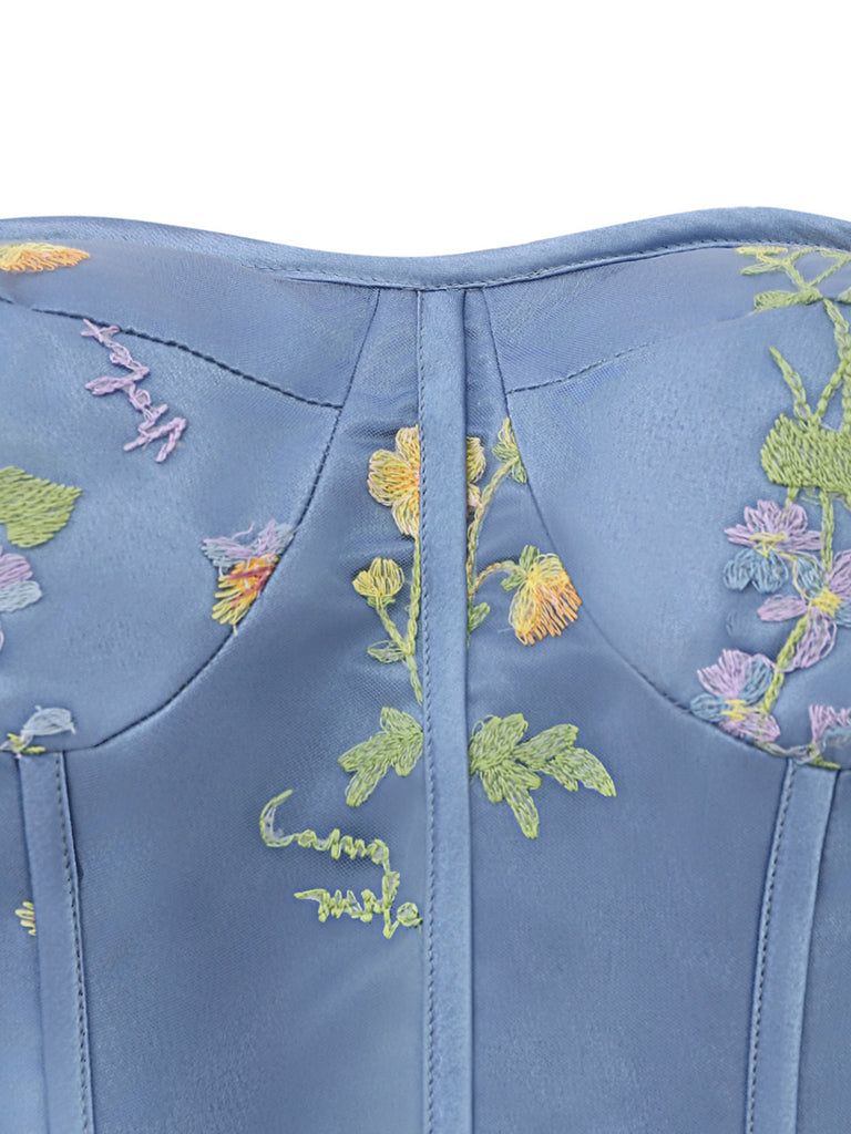 Abito con ricami floreali in rete a maniche lunghe blu anni '30