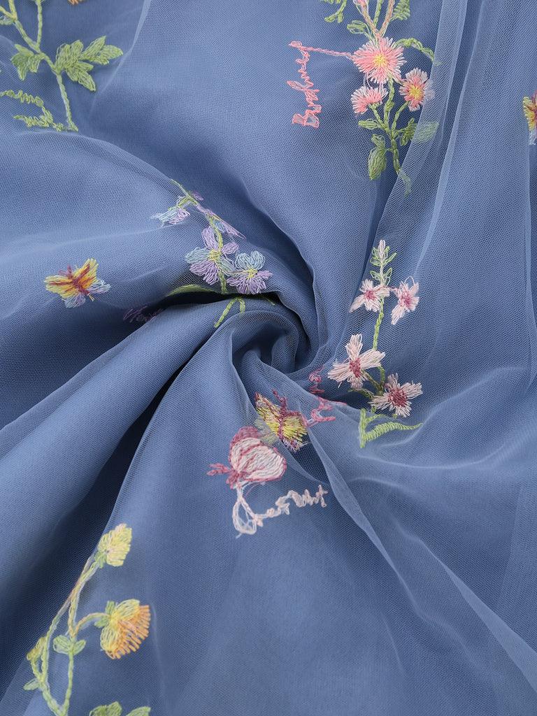 Abito con ricami floreali in rete a maniche lunghe blu anni '30
