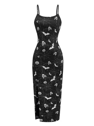 Abito midi con spacchi e stampa Halloween nero anni '50