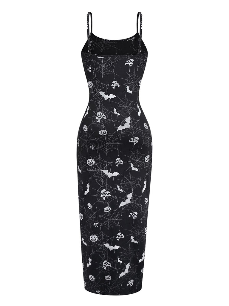 Abito midi con spacchi e stampa Halloween nero anni '50
