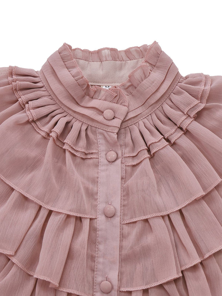 Camicetta in chiffon con volant e collo alto rosa anni '80