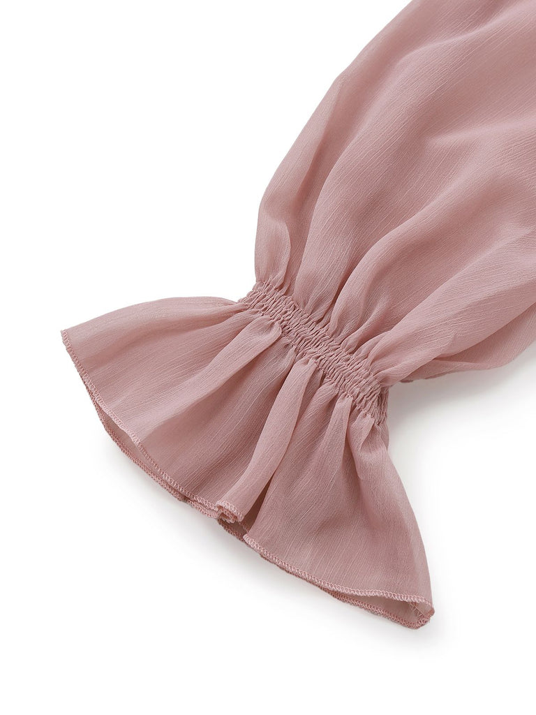 Camicetta in chiffon con volant e collo alto rosa anni '80