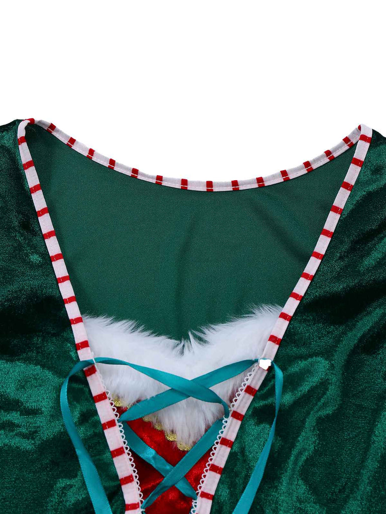 Top verde natalizio con scollo a V e gonna in pelliccia rossa anni '60