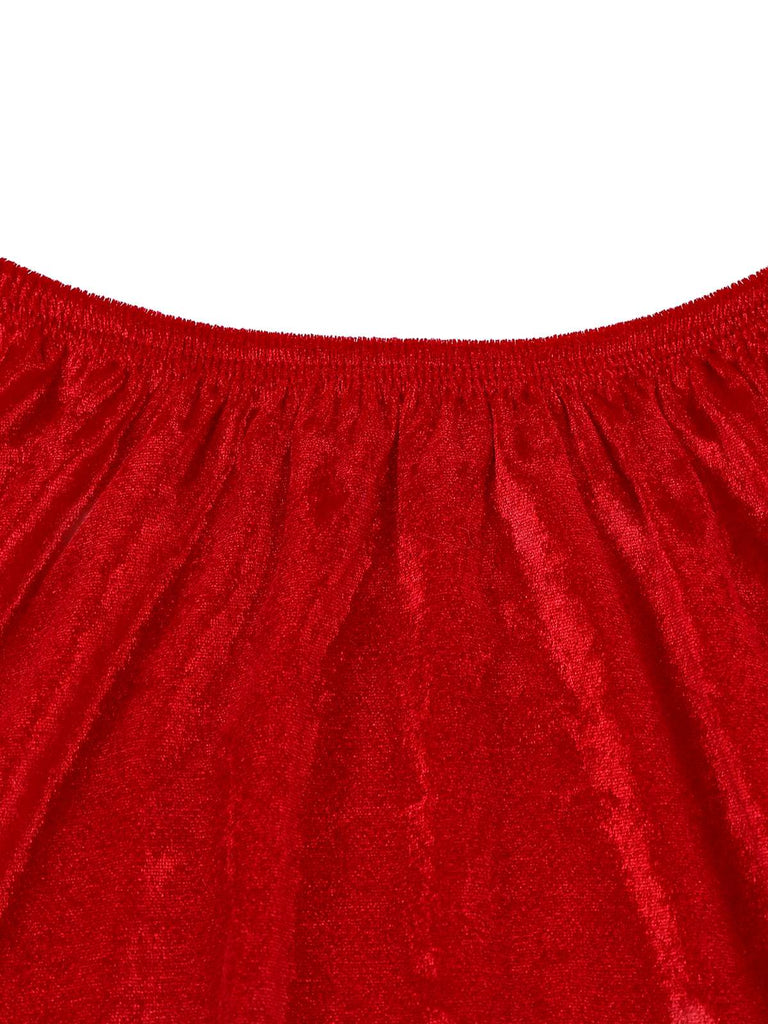 Top verde natalizio con scollo a V e gonna in pelliccia rossa anni '60