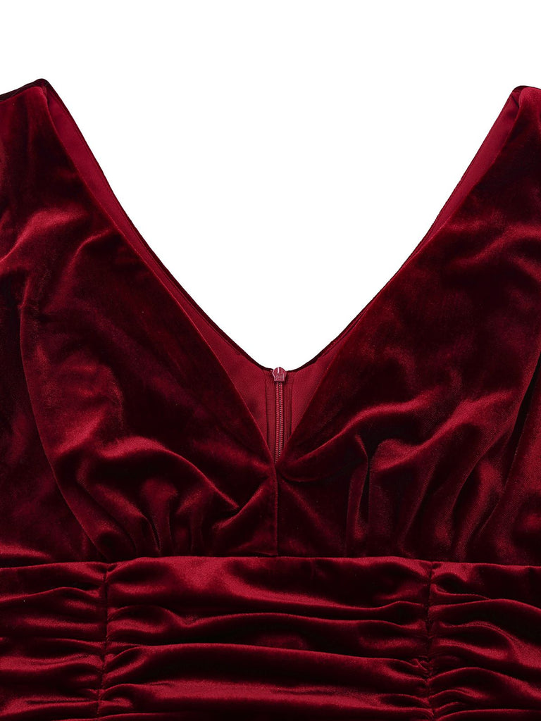 Abito lungo paillettes in velluto con scollo a V bordeaux anni '50