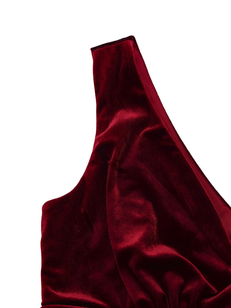 Abito lungo paillettes in velluto con scollo a V bordeaux anni '50