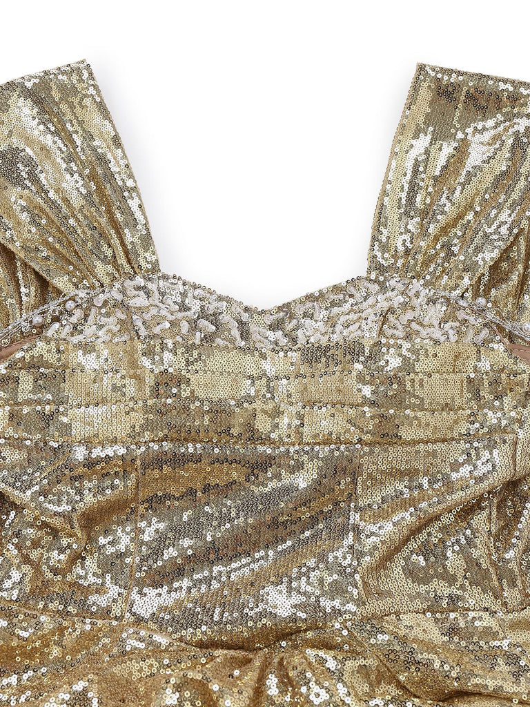Abito da sera in paillettes con spalle scoperte oro anni '80