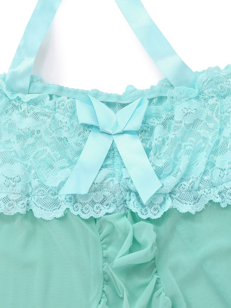 [Prevendita] Completo intimo in pizzo con fiocco e volant blu acqua anni '80