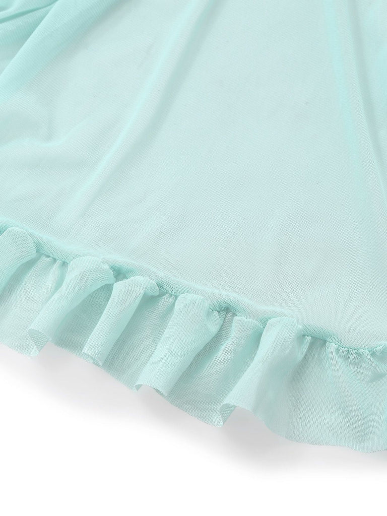 [Prevendita] Completo intimo in pizzo con fiocco e volant blu acqua anni '80