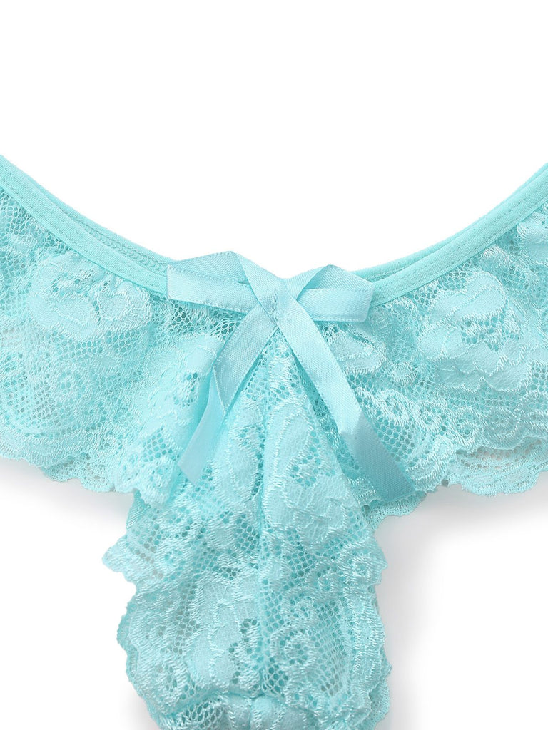 [Prevendita] Completo intimo in pizzo con fiocco e volant blu acqua anni '80