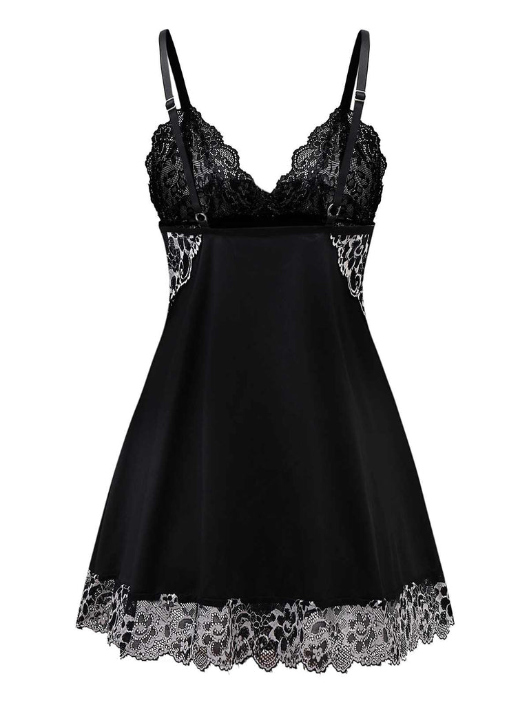 Camicia da notte in pizzo di velluto nero anni '50