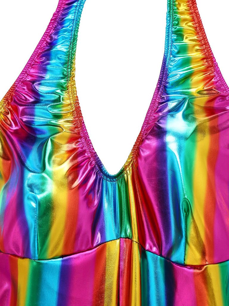 Tuta lunga con scollo all'americana e arcobaleno multicolore anni '70