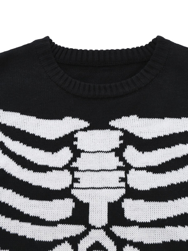 Maglione lavorato a maglia con scheletro Halloween nero anni '50