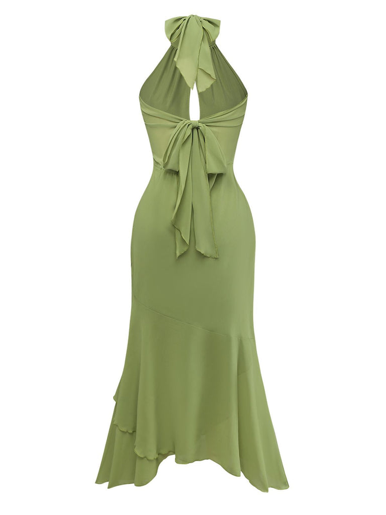 Abito midi verde anni '30 in chiffon con schiena scoperta