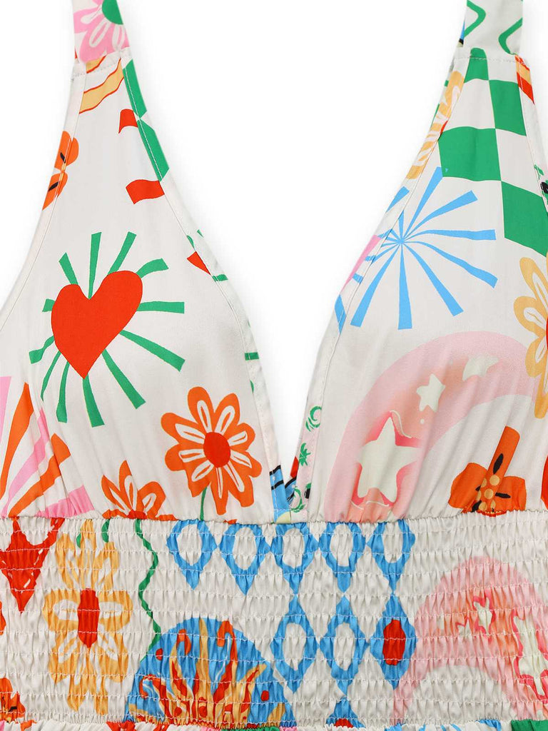 Abito boho con scollo a V profondo senza maniche arricciato anni '70