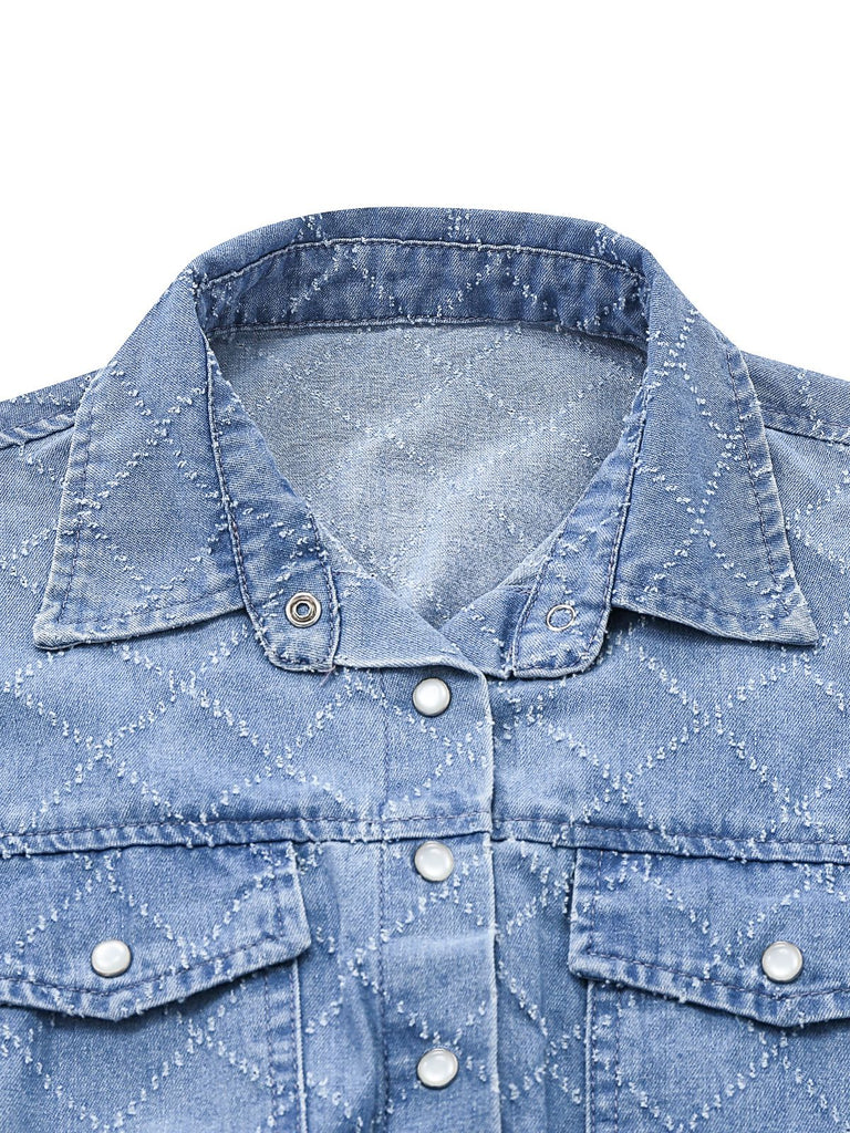Tuta corta blu anni '80 multiuso in denim con bottoni