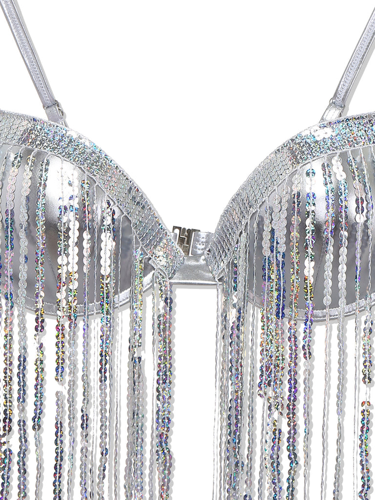 Bikini con frange in paillettes olografiche argento anni '70