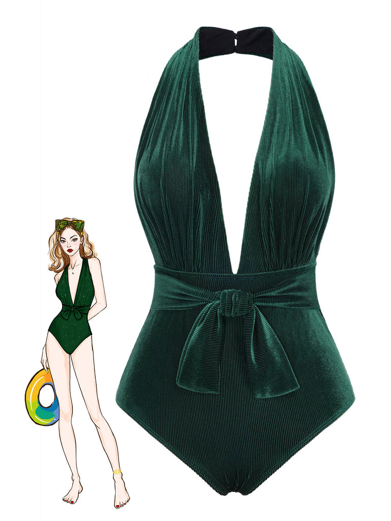 Costumi con scollo a V in velluto verde scuro degli anni '70