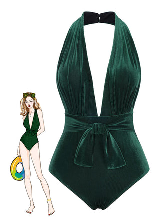 Costumi con scollo a V in velluto verde scuro degli anni '70
