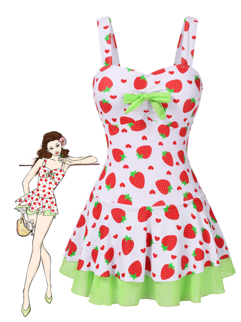 Abito da bagno fiocco di fragole rosso e verde anni '40