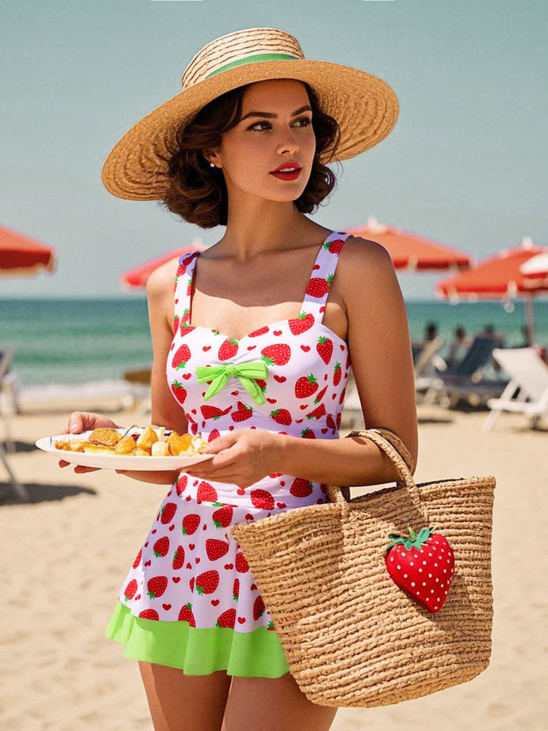 Abito da bagno fiocco di fragole rosso e verde anni '40