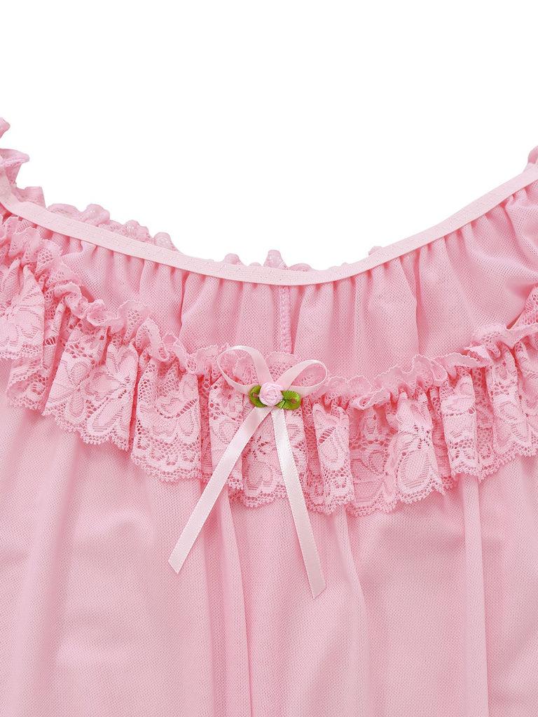 Camicia da notte babydoll in rete in pizzo con fiocco anni '50