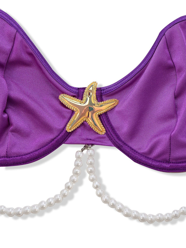 3PCS Pigiama viola anni '70 in raso di perle di mare con sirena