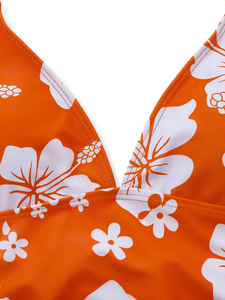 Set tankini arancione anni '70 con floreale tropicale e scollo all'americana