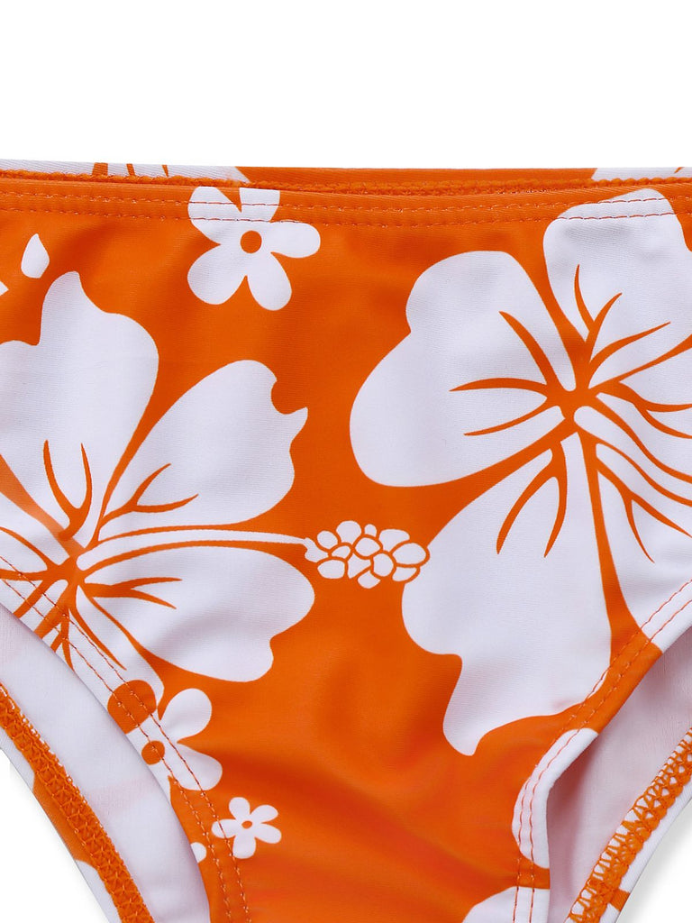 Set tankini arancione anni '70 con floreale tropicale e scollo all'americana