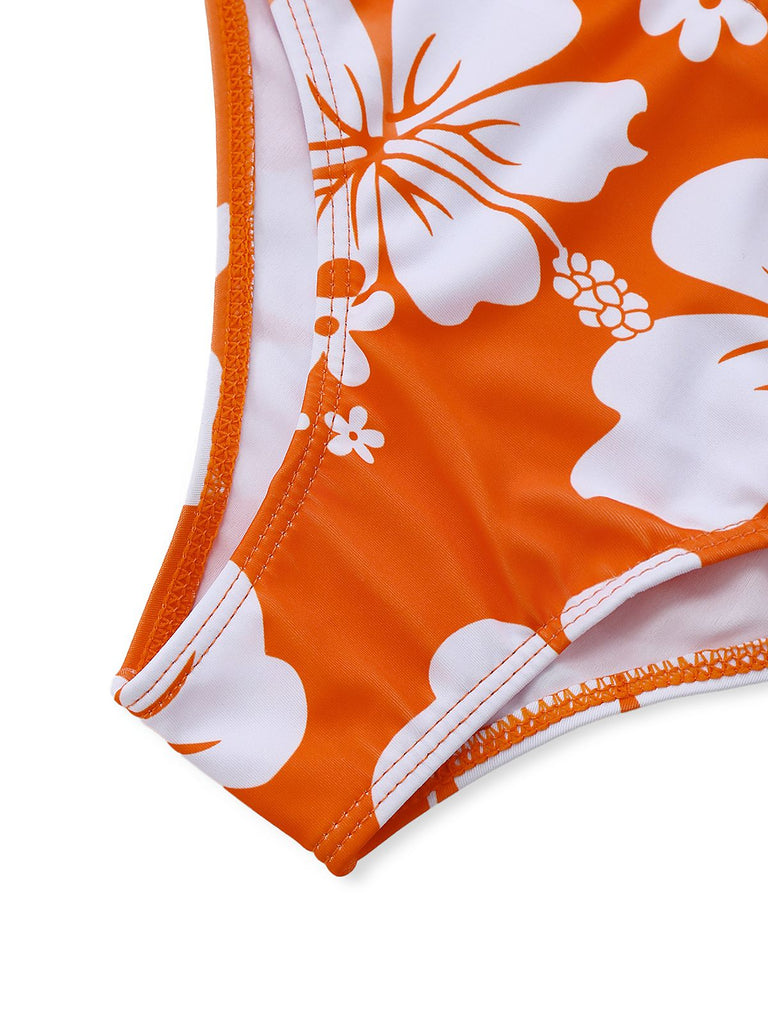 Set tankini arancione anni '70 con floreale tropicale e scollo all'americana