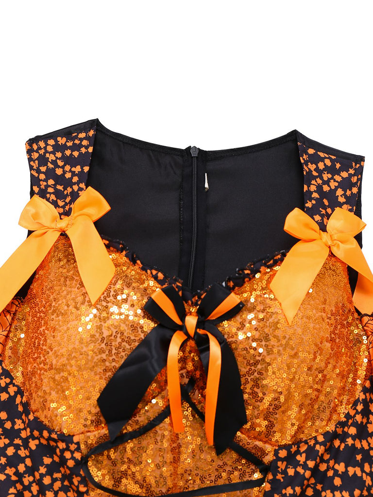 Abito arancione con ragnatela e zucca Halloween anni '60