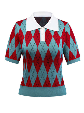 Maglione a griglia con motivo a rombi e colletto a revers anni '30