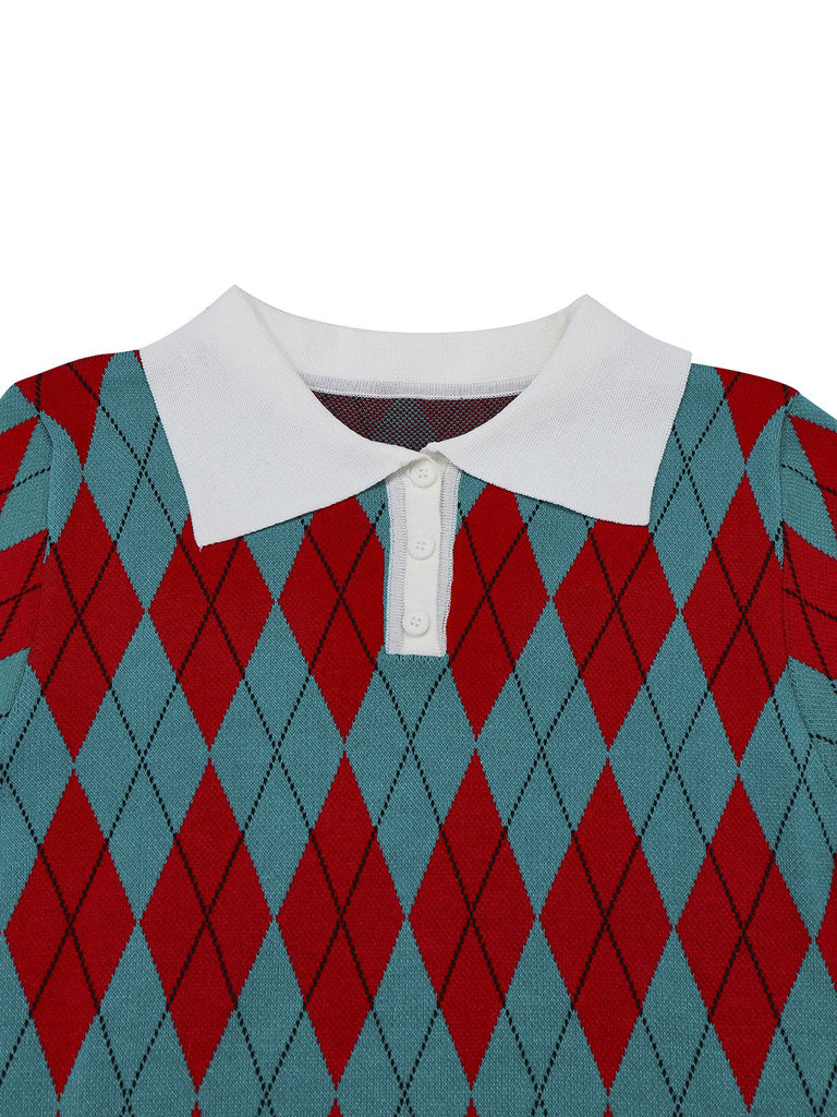 Maglione a griglia con motivo a rombi e colletto a revers anni '30