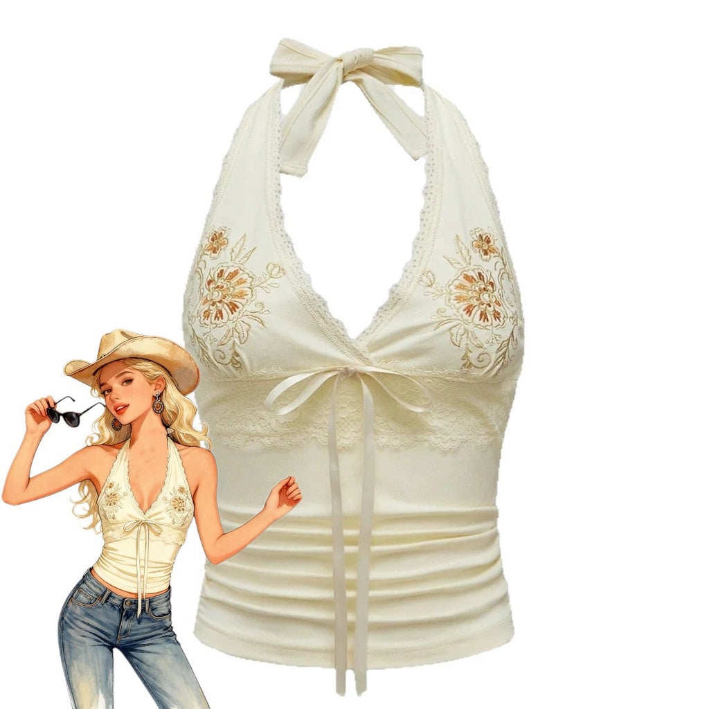 Ivory 1980s Embroidered Lace Floral Halter Top - vintage fashion, retro style, elegant red