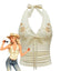 Top avorio anni '80 con ricamato floreali e scollo all'americana in pizzo