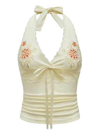 Ivory 1980s Embroidered Lace Floral Halter Top - vintage fashion, retro style, elegant red