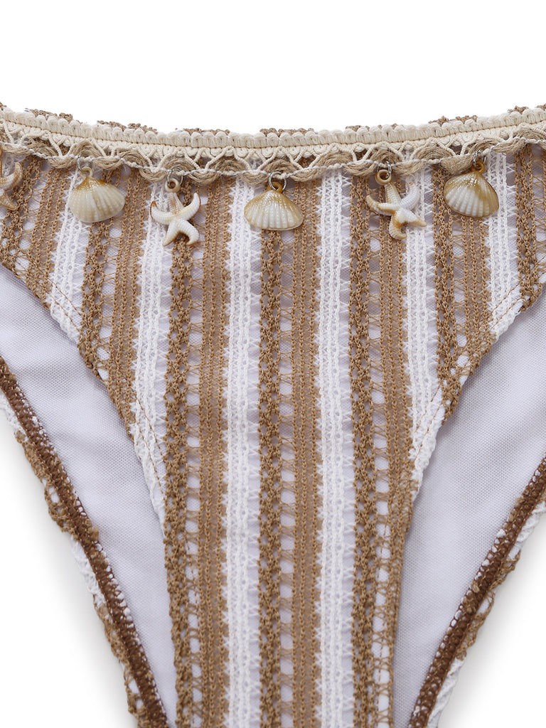 [Pre-Vendita] Set Tankini in Crochet a Righe con Ornamenti Conchiglie e Stella di Mare 3D Kaki Anni '50 6