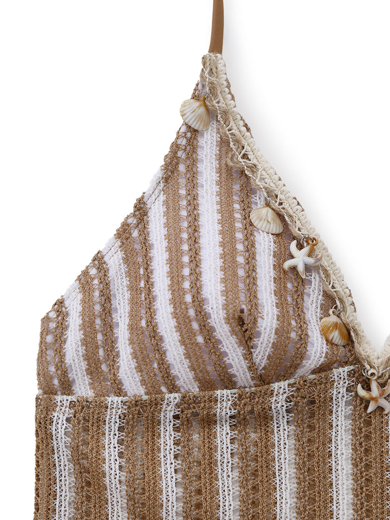 [Pre-Vendita] Set Tankini in Crochet a Righe con Ornamenti Conchiglie e Stella di Mare 3D Kaki Anni '50 5