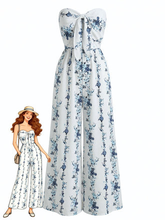 Tuta Bustier Floreale Gamba Larga Bohémien Blu Anni '70