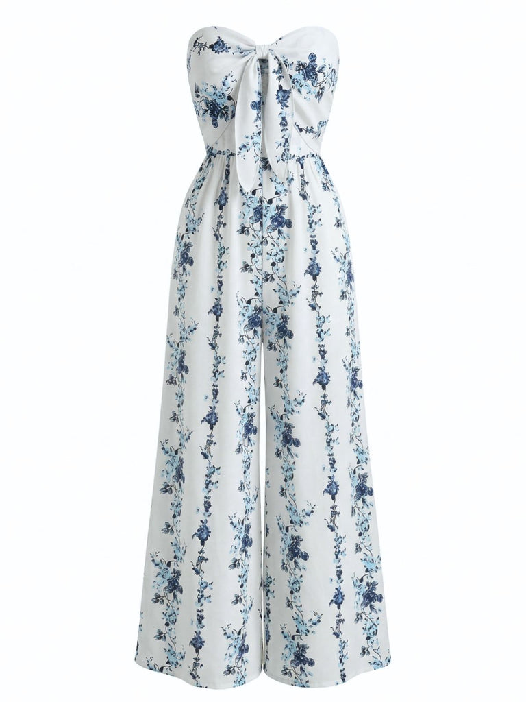 Tuta Bustier Floreale Gamba Larga Bohémien Blu Anni '70 3