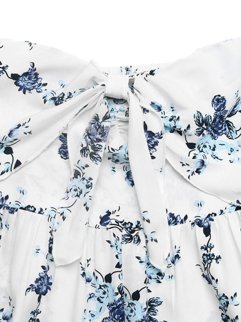 Tuta Bustier Floreale Gamba Larga Bohémien Blu Anni '70 6
