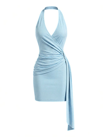 Abito Aderente con Strass Scollatura Profonda Schiena Scoperta Blu Anni '60 2