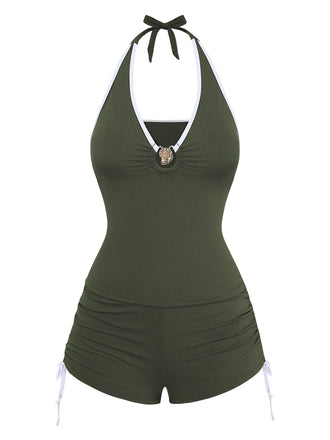 [Prevendita] Set Tankini Verde Militare Anni '50 con Coulisse e Arricciatura