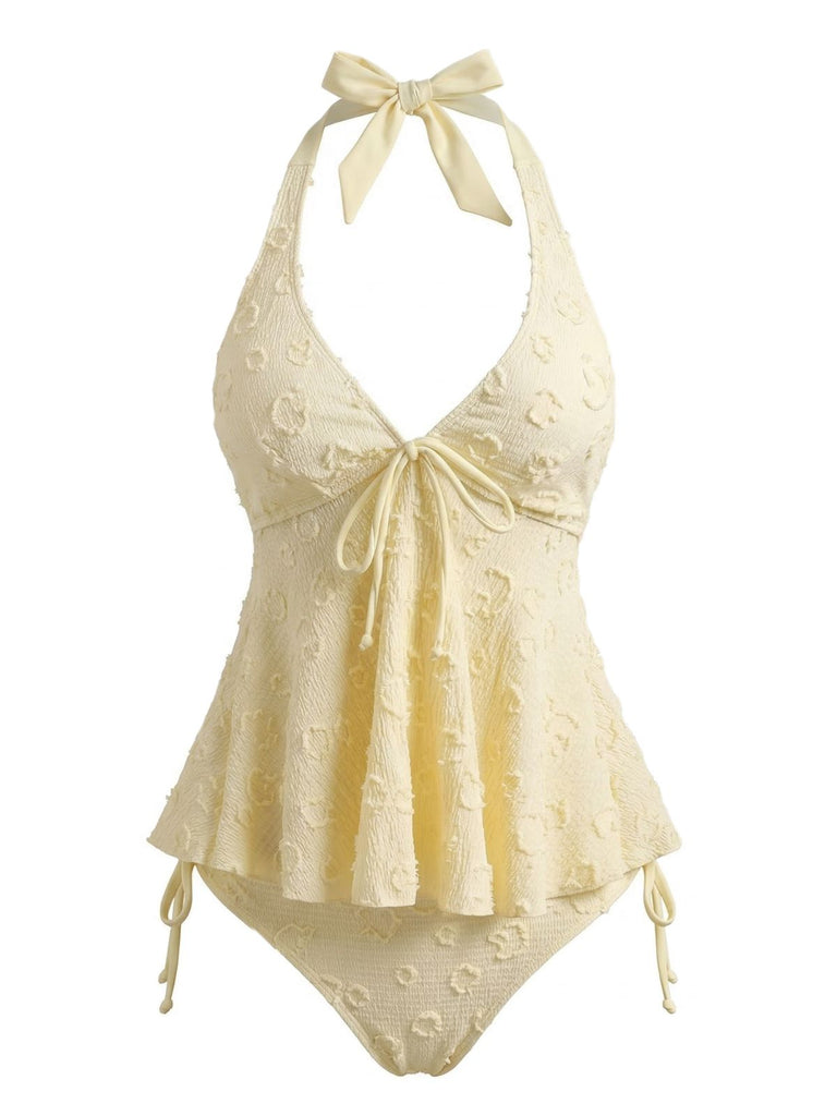 Set Tankini Textured Floreale Halter Deep V Anni '50 2