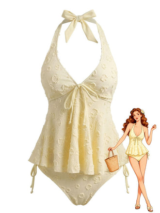 Set Tankini Textured Floreale Halter Deep V Anni '50