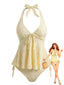 Set Tankini Giallo Anni '50 Testurizzato Floreale Con Scollo All'americana