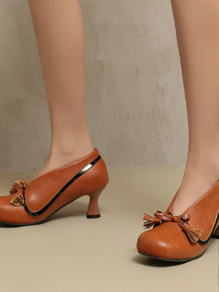 Scarpe con tacco spesso e punta tonda in PU con fiocco
