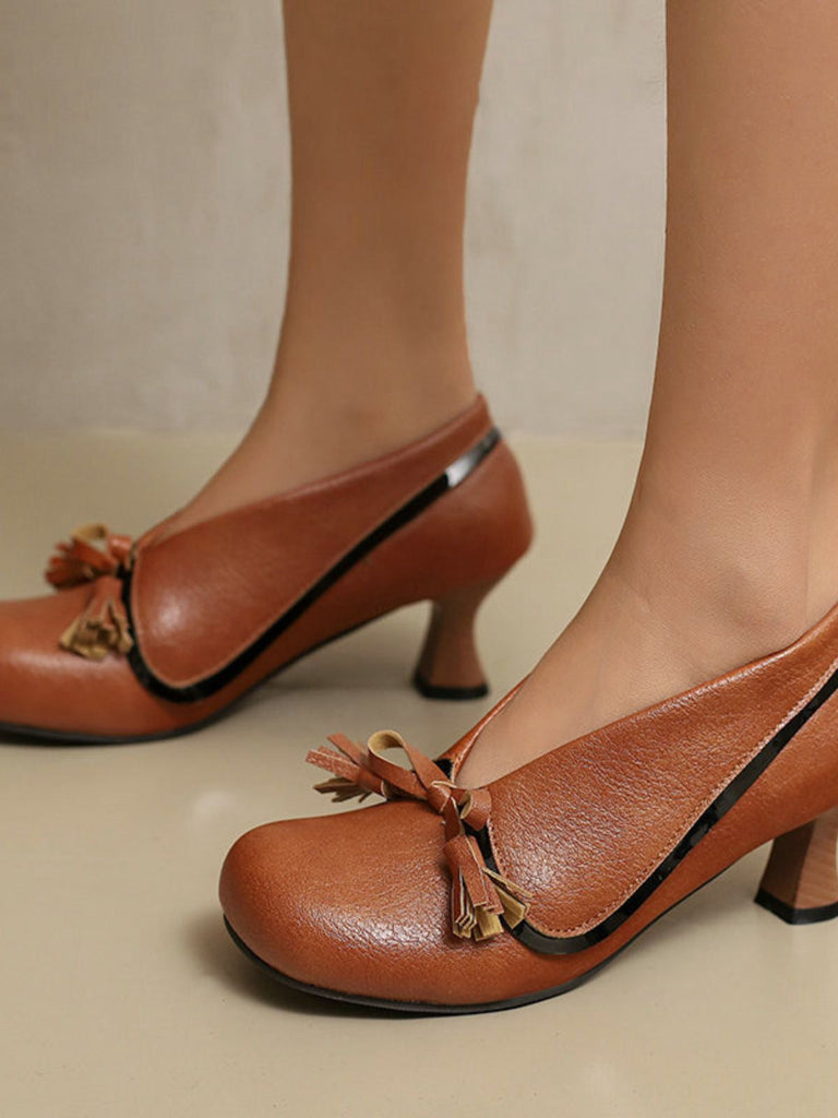 Scarpe con tacco spesso e punta tonda in PU con fiocco